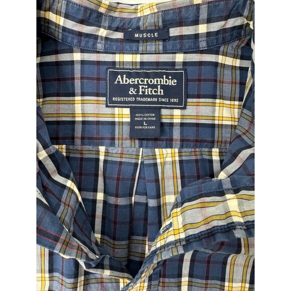Abercrombie & Fitch Muscle Shirt Button Up Blue Plaid Short Sleeve Mens Size L - Picture 10 of 12